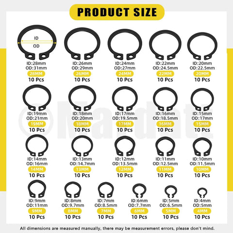 Product size chart of All In One Retaining Rings Kit With 312 Pieces 21 C Clip Sizes 4Mm To 28Mm