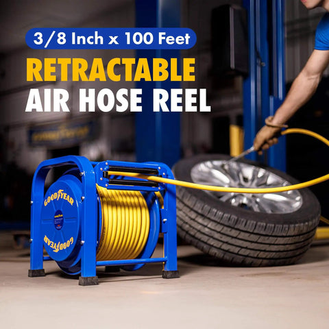 Retractable Air Hose Reel 3/8 Inch By 100 Feet, 300 PSI, Steel Spring Driven Frame, Built To Last Heavy Duty Industrial Hose Reel With Flex Hybrid Polymer Hose, Portable, Durable, Tough As Nails Smooth Retract in use at a garage with a tire