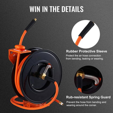 Retractable Air Hose Reel, 3/8 IN x 50 FT Hybrid Air Hose Max 300PSI with rubber sleeve and spring guard features