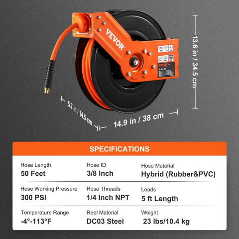 Retractable Air Hose Reel, 3/8 IN x 50 FT Hybrid Air Hose Max 300PSI, Air Compressor Hose Reel with 5 ft Lead in, Ceiling/Wall Mount Heavy Duty Single Arm Steel Reel shown with specifications