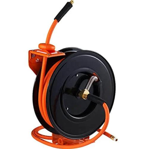 Retractable Air Hose Reel, 3/8 IN x 50 FT Hybrid Air Hose Max 300PSI, Air Compressor Hose Reel with 5 ft Lead in, Ceiling/Wall Mount Heavy Duty Single Arm Steel Reel side view