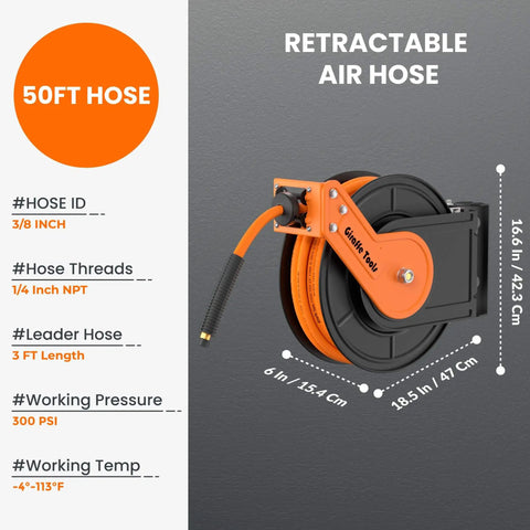 Retractable Three Eighth Inch By Fifty Foot Air Hose Reel With Auto Rewind Hybrid Hose 300 PSI Max Ceiling Or Wall Mount
