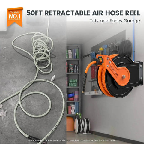 Retractable Air Hose Reel With 180 Degree Swivel Bracket For Ceiling Or Wall Mount Three Eighths Inch By Fifty Foot Hybrid Hose