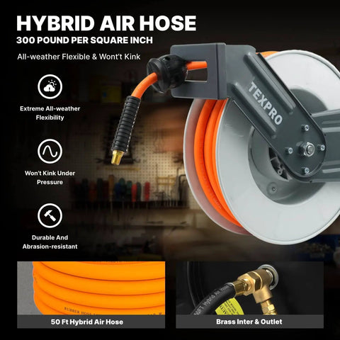 Close-up of Retractable Air Hose Reel With Three Eighths Inch By Fifty Foot Hybrid Hose Auto Rewind 300 PSI All Weather Flex shown mounted