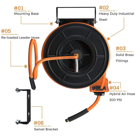Front view of Retractable Air Hose Reel With 180 Degree Swivel Bracket For Ceiling Or Wall Mount Three Eighths Inch By Fifty Foot Hybrid Hose Heavy Duty Industrial Air Compressor Reel With Auto Rewind And 300 PSI Capacity No More Cluttered Hoses