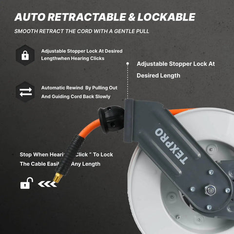Close-up of Retractable Air Hose Reel With Three Eighths Inch By Fifty Foot Hybrid Hose Auto Rewind 300 PSI mechanism