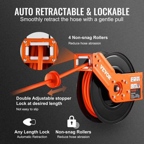 Retractable Air Hose Reel, 3/8 IN x 50 FT Hybrid Air Hose Max 300PSI, Auto retractable and lockable feature demonstration.