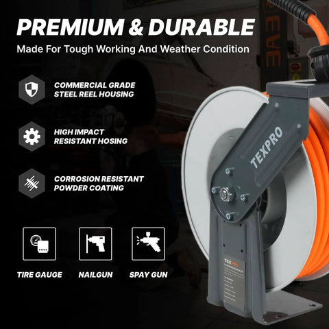 Side view of Retractable Air Hose Reel With Three Eighths Inch By Fifty Foot Hybrid Hose Auto Rewind 300 PSI All Weather Flex Ceiling Or Wall Mount Heavy Duty Air Tool For Home Garage Or Workshop showing reel housing.