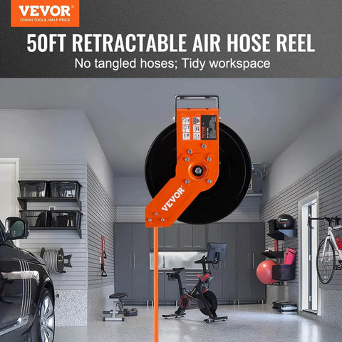Retractable Air Hose Reel, 3/8 IN x 50 FT Hybrid Air Hose Max 300PSI installed in garage showing wall mount setup