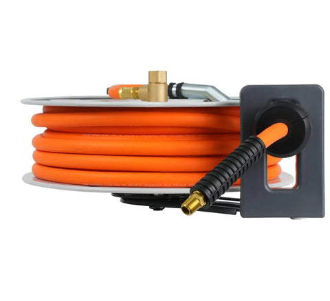 Side view of Retractable Air Hose Reel With Three Eighths Inch By Fifty Foot Hybrid Hose Auto Rewind 300 PSI All Weather Flex Ceiling Or Wall Mount Heavy Duty Air Tool For Home Garage Or Workshop