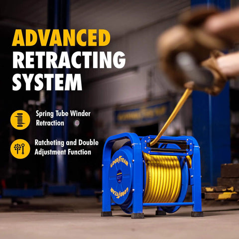 Retractable Air Hose Reel 3/8 Inch By 100 Feet, 300 PSI, Steel Spring Driven Frame in blue with yellow hose emphasized in bold text