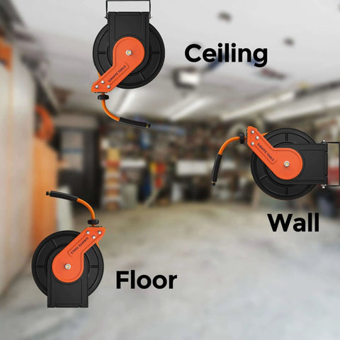 Retractable Air Hose Reel With 180 Degree Swivel Bracket for Ceiling or Wall Mount shown in garage setup