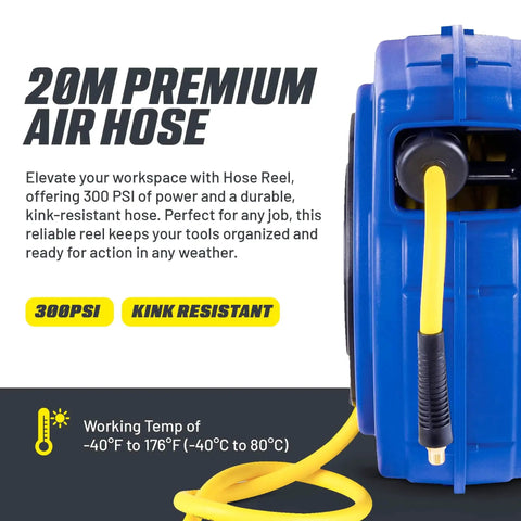 Retractable Hose Reel With 3/8 Inch By 65 Foot Premium Hybrid Polymer Hose, Heavy Duty Spring Driven, Polypropylene Case