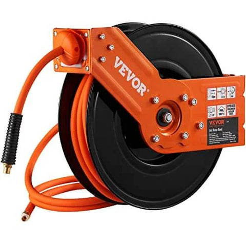 Retractable Air Hose Reel with 3/8 IN x 50 FT Hybrid Air Hose Max 300PSI, featuring single arm steel design and wall mount.