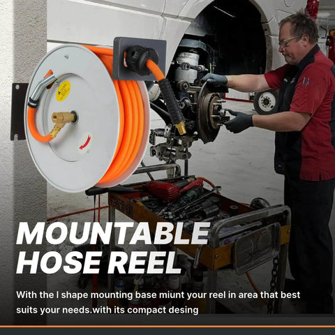Retractable Air Hose Reel With Three Eighths Inch By Fifty Foot Hybrid Hose Auto Rewind 300 PSI All Weather Flex Ceiling Or Wall Mount Heavy Duty Air Tool For Home Garage Or Workshop installed in a garage