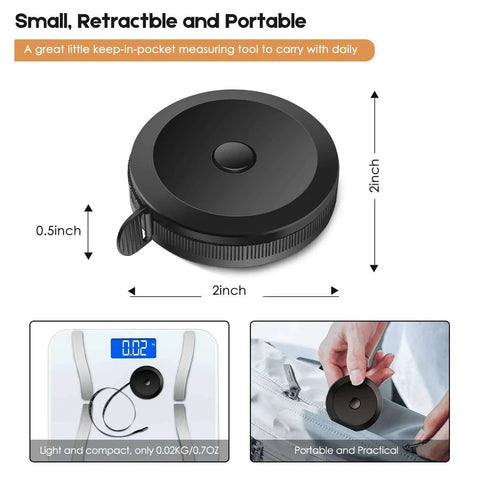 Retractable black tape measure for body fabric sewing with dual scales; compact and portable for on-the-go measurements