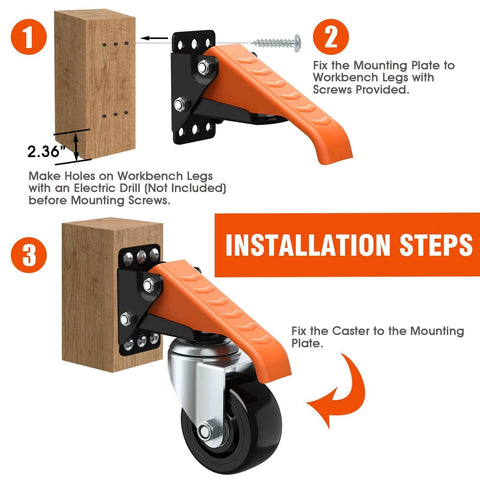 Installation steps for ✝️ Workbench Casters Wheels Kit 920 Lbs Capacity Retractable Casters Set of 4 Heavy Duty Side Mount 3" Lifting Caster.
