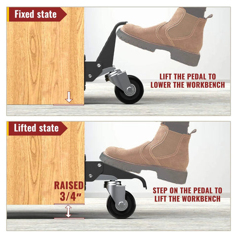 Illustration of retractable casters lifting and lowering function with a foot pedal for workbenches.