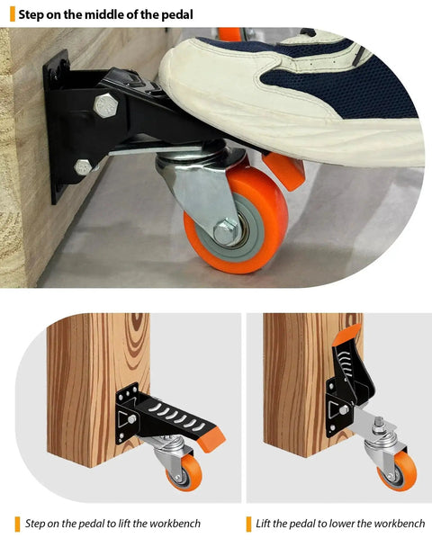 Retractable Workbench Casters Set Of 4 Heavy Duty 700 Lbs Capacity 2.5 Inch Side Mount Swivel Wheels shown installed on workbench
