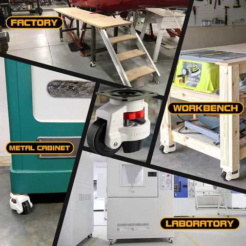 4-Piece Leveling Casters With Nylon Wheel And Rubber Foot, Retractable Workbench Caster Set in factory, lab, and workbench settings