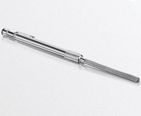 Compact blue handle glass repair file with carbide steel and diamond grit; retractable 5.42 inch design shown in side view