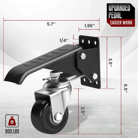 Workbench Casters Retractable Casters Kit 900Lbs, 4 Heavy Duty Casters Side Mounted All Steel Construction, side view with dimensions.