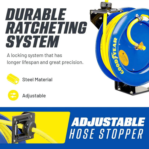 Retractable Air Hose Reel With 3/8 Inch By 50 Foot SBR Rubber Hose, Heavy Duty Industrial Steel, Single Arm Construction, Max 300 PSI