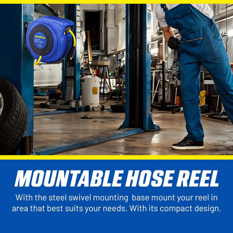 Retractable Hose Reel With 3/8 Inch By 65 Foot Premium Hybrid Polymer Hose installed in shop setting