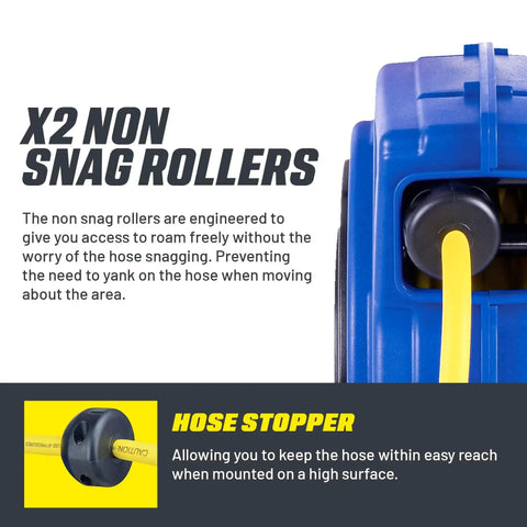 Retractable Hose Reel With 3/8 Inch By 65 Foot Premium Hybrid Polymer Hose, Heavy Duty Spring Driven, Polypropylene Case, Lead-In Hose And PVC Handle, Max 300 Psi, Ideal For Shop, Garage And Industrial Use with non-snag rollers and hose stopper