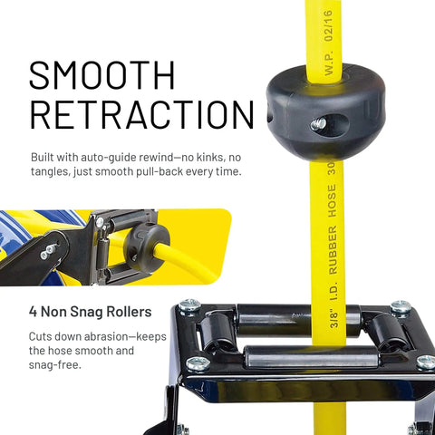 Close-up of Retractable Air Hose Reel Three-Eighths Inch By 50-Foot Heavy Duty Premium SBR Hose Up To 300 Psi, showing no-snag rollers.