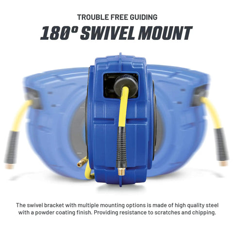 Back view of Retractable Hose Reel With 3/8 Inch By 65 Foot Premium Hybrid Polymer Hose, Heavy Duty Spring Driven, Polypropylene Case