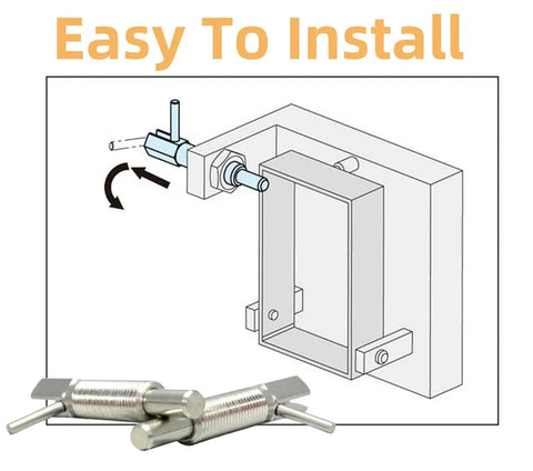 Diagram showing installation of Two Pack Retractable Indexing Plunger Pin M10 Stainless Steel Spring Latch Locking Pin with nut and L handle.