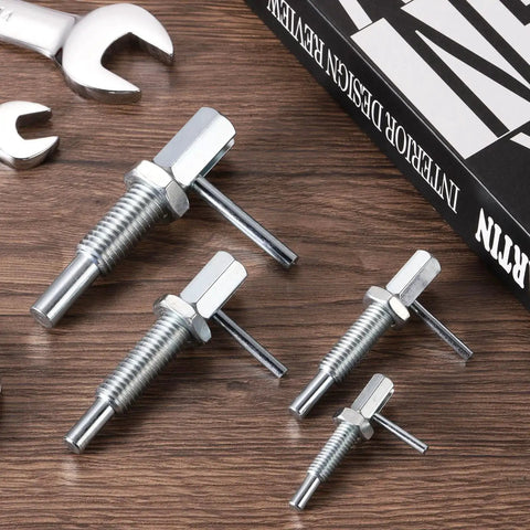 Two Pack Retractable Indexing Plunger Pin M12x1.75 Heavy Duty Carbon Steel Spring Loaded Locking Pin With L Handle set on wood surface