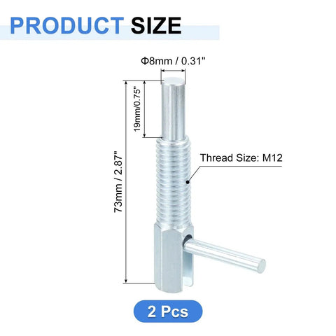 Diagram of Two Pack Retractable Indexing Plunger Pins M12 Thread Spring Plungers with size details and dimensions.