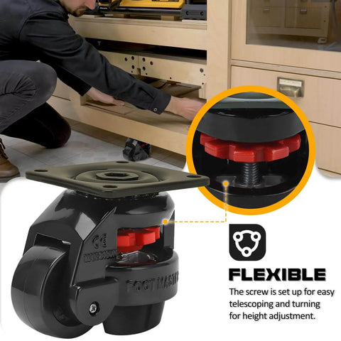 Heavy Duty 4 Piece Machine Leveling Casters With Nylon Wheels And Rubber Feet Retractable Workbench Caster Set High Load Capacity Up To 550 Lbs Per Caster Total 2200 Lbs For Mobile Equipment And Heavy Benches shown in use under a workbench with close-up of screw mechanism