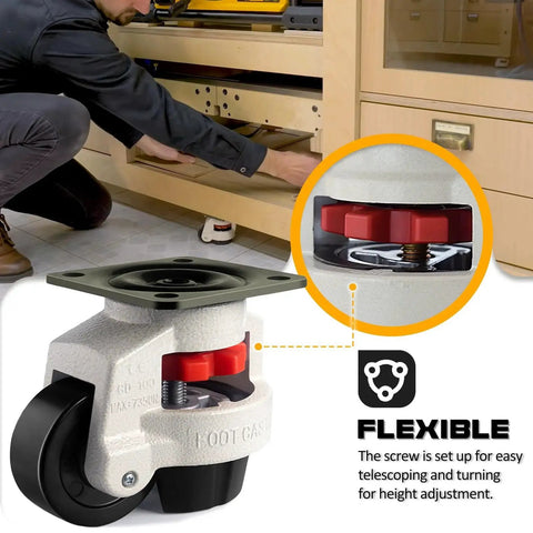 Man adjusting cabinet with 4-Piece Leveling Casters With Nylon Wheel And Rubber Foot, Retractable Workbench Caster Set, close-up view.