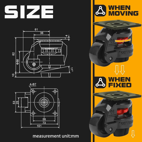 Heavy Duty 4 Piece Machine Leveling Casters With Nylon Wheels And Rubber Feet Retractable Workbench Caster Set High Load Capacity Up To 550 Lbs Per Caster Total 2200 Lbs For Mobile Equipment And Heavy Benches, side view.