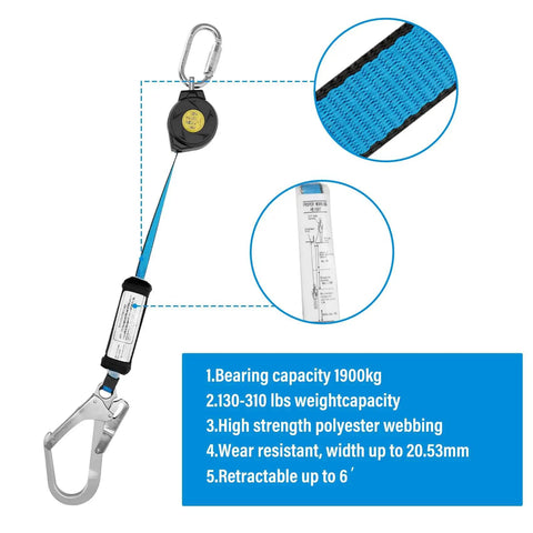 11 Foot Self Retracting Lifeline For Construction Safety Retractable Safety Lanyard With Swivel Top Eye Rebar Hook Shock Pack Absorber Fall Protection Lanyard For Jobsite And House Construction Projects Heavy Duty Easy Mobility showing specifications and features, including high strength polyester webbing.
