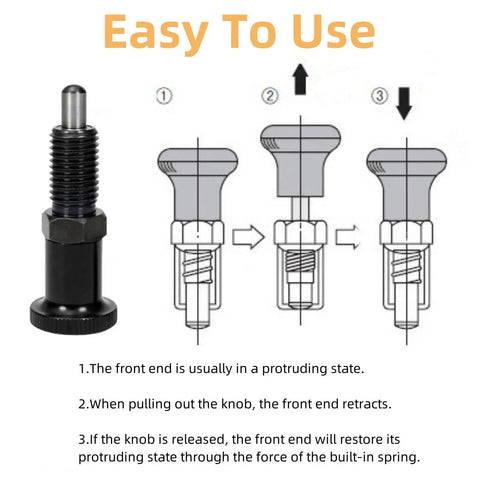 Two Pack Retractable Spring Plunger Ball Loaded Pin M6 Non Locking Indexing Knob Pin For Molds Machinery Cabinets Automotive And Industrial Equipment Stainless Steel Rust Resistant Durable Easy Pin Pull Design with usage instructions.