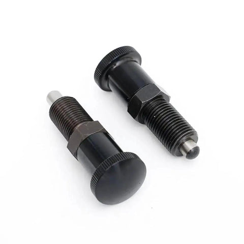 Two Pack Retractable Spring Plunger Ball Loaded Pin M6 Non Locking Indexing Knob Pin, stainless steel, black finish, front view.