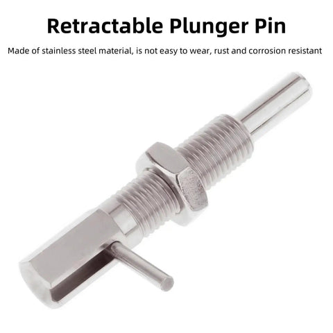 Retractable Indexing Plunger Pin Set In M10 Stainless Steel with L handle, shown on white background, industrial use, rust resistant