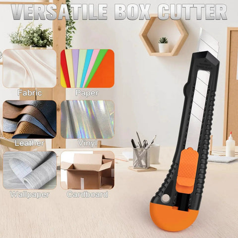 Four pack retractable utility knife with 18mm snap off blades and a secure lockable mechanism on a desk with materials