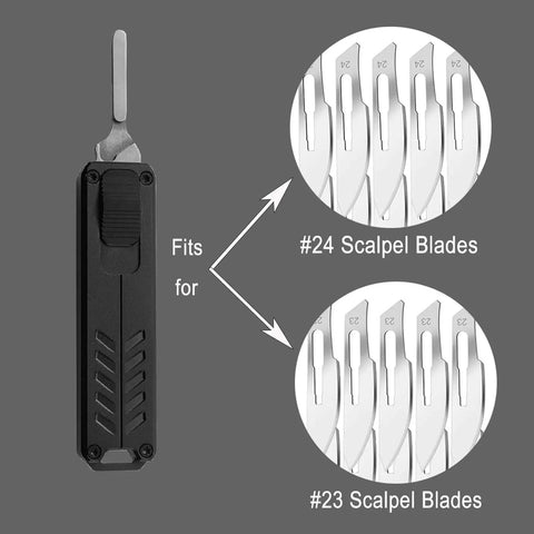 Auto retractable utility knife with push button deployment fits #23 and #24 scalpel blades visible in close-up.