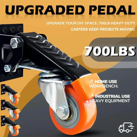 Close-up of a retractable workbench caster set showing a heavy-duty 700 lbs capacity orange swivel wheel with upgraded pedal.
