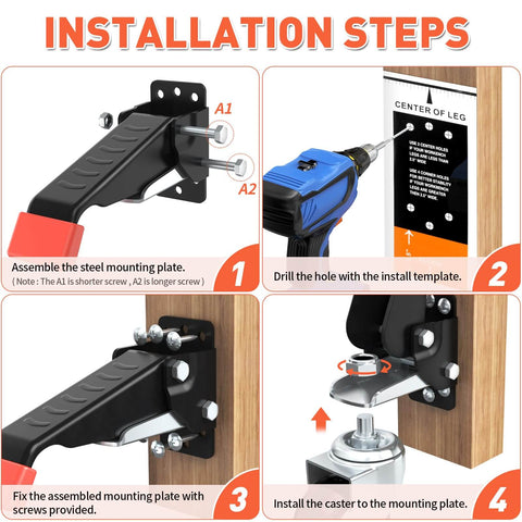 4-Pack Retractable Workbench Casters Kit - Heavy Duty 660 lbs Bench Caster Wheels installation steps guide