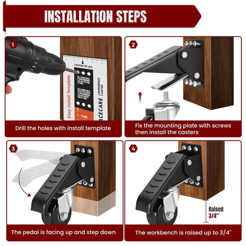Installation steps for ✝️ Workbench Casters Retractable Casters Kit 900Lbs, 4 Heavy Duty Casters Side Mounted All Steel Construction