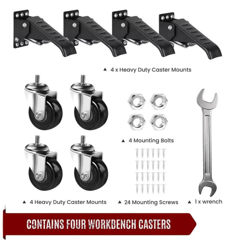 ✝️ Workbench Casters Retractable Casters Kit 900Lbs, 4 Heavy Duty Casters Side Mounted All Steel Construction with tools included