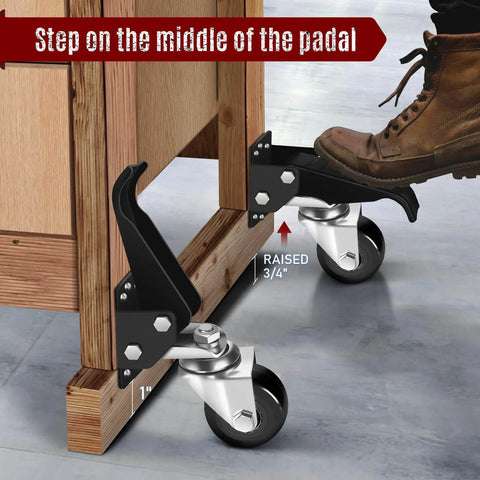 ✝️ Workbench Casters Retractable Casters Kit 900Lbs, 4 Heavy Duty Casters Side Mounted All Steel Construction Urethane, 1-pack showing foot operation