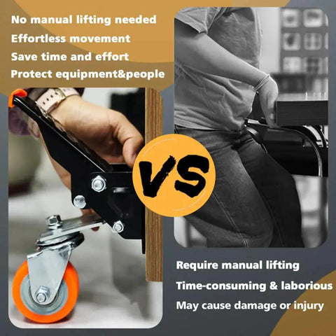 Retractable Workbench Casters Set Of 4 Heavy Duty 700 Lbs Capacity 2.5 Inch Side Mount Swivel Wheels shown lifting table with pedal.
