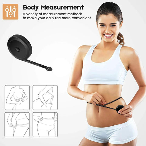 Woman using 60-inch retractable black tape measure for body weight, part of 2 Pack Tape Measure Measuring Tape for Body Fabric Sewing Tailor Cloth Knitting.